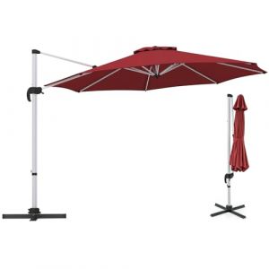 GOPLUS Parasol de Jardin Extérieur 3m, Parasol Déporté Inclinable avec Manivelle, 8 Baleines, Double Auvent, Base Croisée, Parasol Excentré Rotatif à 360° pour Terrasse Plage Marché, H2,6m (Rouge) (Augenstern24, neuf)