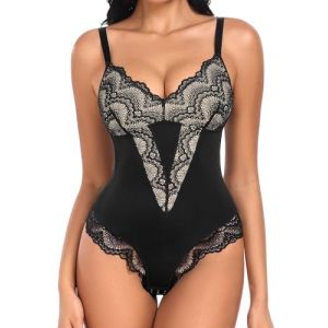 UMIPUBO Body Gainant Femme Ventre Plat Body Sculptant Femme Amincissante Gainant Corset Dentelle Skims Col V Shapewear Lingerie Réglable Strap Combinaison Minceur Bodysuit (Noir & Peau, XL) (Bukely, neuf)