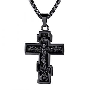 FaithHeart Collier Pendentif Croix Orthodoxe Russe Noir Homme Bijoux Pendentif Orthodoxe Byzantin Crucifix Amulette de Protection (FaithHeart Jewellery, neuf)