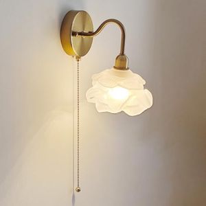 BBioss Applique Murale Japonaise Vintage en Verre dépoli en Forme de Fleur, en Laiton brossé avec Interrupteur à Tirette, culot E27, pour Chambre à Coucher ou Salon. (YNAYG store, neuf)