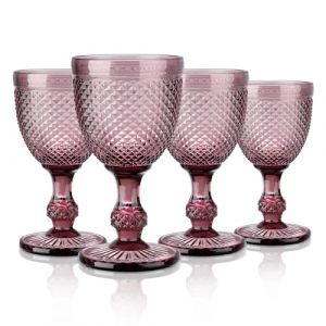 Joeyan 270ml Verres à Vin Vintage Violets de Avec Relief en Diamant, Colorés Ensemble Gobelets à Vin pour Boissons au Jus de Vin,Lot de 4 Verres à Boire Rétro Avec Pied,Passent au Lave-Vaisselle (JianYan, neuf)