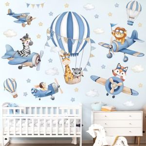 decalmile Stickers Muraux Enfants Montgolfière Bleu Autocollant Mural Animaux Avion Girafe Lion Renard Décoration Murale Chambre Enfants Bébé Pépinière Salon (DecalMile Direct, neuf)