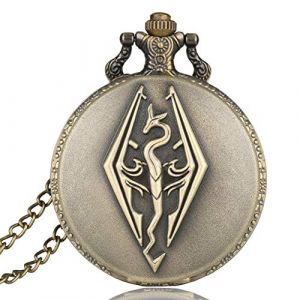 CokinkiDs L'ancien Scrolls Vintage Bronze Copper Skyrim Montre De Poche Hommes Pendentif R&eacute;tro Quartz Antique Dragon Montre De Poche Collier avec Cha&icirc;ne Cadeau (Ahmedi, neuf)