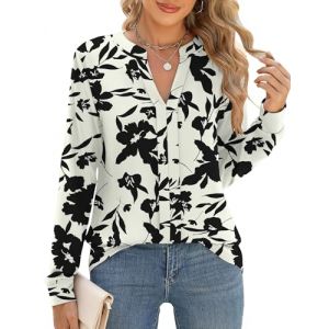 Cuptacc Chemisier Femme Chic et &Eacute;l&eacute;gant Col en V Tunique Femme Manche Longue Haut Pliss&eacute;e T Shirt Abricot Noir Floral, Grand L 42-44 (CuptaccFashion, neuf)