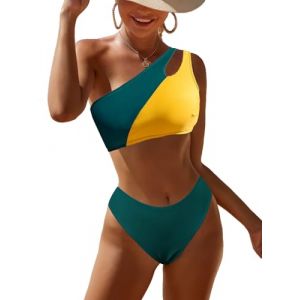 JFAN Maillot de Bain Femme 2 Pieces Bikini Push-Up Ensemble Une épaule évider Maillots de Bain Deux PièCes Taille Haute,Jaune + Vert S (JFan, neuf)