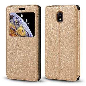 Coque &agrave; Rabat en Cuir PU avec Fen&ecirc;tre Visible et Aimant Invisible Compatible avec Samsung Galaxy J5 2017 J530F, &Eacute;tui Intelligent &agrave; Affichage Clair (Or) (Shantime, neuf)