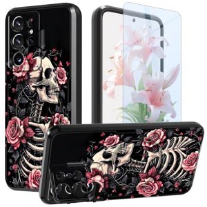 GFRGTFHYT Coque pour Samsung Galaxy S21 Ultra 6,8" avec protecteur d'&eacute;cran et coque d'appareil photo, b&eacute;quille, double couche hybride antichoc pour Galaxy S21 Ultra 5G 2021, motif t&ecirc;te de mort et (GFRGTFHYT, neuf)