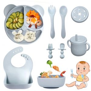 Bizcasa Coffret Repas Bebe 9 pièces, Vaisselle Antiderapant pour Bébé Set Silicone avec Ventouse Assiette Bol Fourche Cuillère Bavoir et Tasse, Assiette Enfant Set, Sans BPA (Gris) (CHERRY-TECH, neuf)