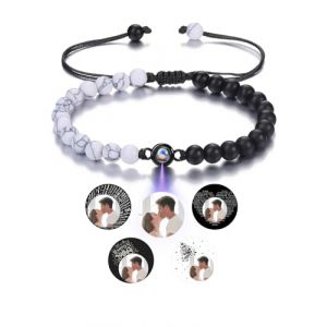 Jovivi Bracelet Photo Projection Personnalis&eacute; Rond 6mm Perle Pierre Naturelle Image &agrave; l'Int&eacute;rieur Projet&eacute; Bracelet R&eacute;glable M&eacute;moire pour Homme Femme Couple BFF (Agate Noir+Turquoise Blanc) (kaenmis, neuf)