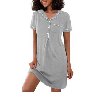 Jahetuul Chemise de Nuit Femme en Coton Manches Courtes Col en V avec Poche Liquette de Nuit Femme avec Boutons Ouvert Devant Nuit Confortable et Élégant (DUCHANGYIYUN-EU, neuf)