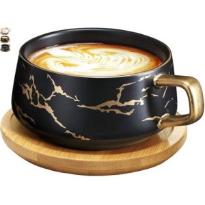 VETIN Tasses &agrave; cappuccino avec soucoupe, tasse en marbre, 300 ml, en porcelaine, pour th&eacute;, caf&eacute;, cappuccino, tasses &agrave; caf&eacute; avec disque en bois (Noir) (VETIN, neuf)