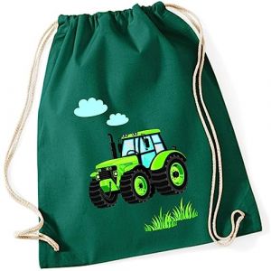 Minimutz Sac de gym pour gar&ccedil;on en coton Motif tracteur Bulldog nuages herbe Sac &agrave; chaussures 37x46 cm, vert fonc&eacute; (minimutz, neuf)