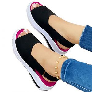 Sandale Femme Compensées Confort Mules Été Et N u-Pieds Plateforme Plate Chaussures Bout Fermé Sandale Bride Cheville Noir Été Espadrille Compensées Plateforme Plates Chaussures à Bout (Black-C, 40) (geherl, neuf)