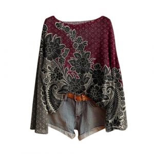 Pulls, Gilets Et Sweats Femme Vintage Imprim&eacute; Floral Boh&egrave;me Pull Over Tricot&eacute; Chic Col Rond Manche Longue Sweater Tops &Agrave; Motif Hauts Grande Taille Pas Cher Vetement Femme Automne Hiver (Anglekie, neuf)