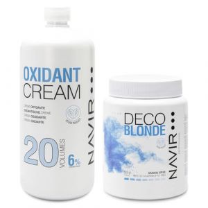 NAVIR Professionnel | Pack d&eacute;coloration cheveux | Decoblonde poudre d&eacute;colorante bleue jusqu'&agrave; 7 tons avec K&eacute;ratine + Eau oxyg&eacute;n&eacute;e en cr&egrave;me | Cheveux femme et homme (Poudre 500g + Eau 1000ml 20 Vol) (Navir, neuf)