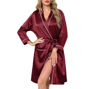 Sopesil Peignoir de Bain Femme en Satin Robe de Chambre Courte Femme Kimono de Mari&eacute;e Robe de Soir&eacute;e &Eacute;l&eacute;gante F&ecirc;te Col V et avec Poches Bordeaux XL (Sopesil Direct, neuf)