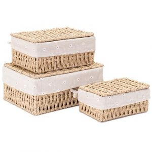 Kongming Panier Rangement Tress&eacute; 3 pi&egrave;ces Panier Osier avec Couvercle et Doublure Empilables Boite Rangement Rectangulaire pour &Eacute;tag&egrave;res Chambre, Salle de Bain (Kongming Direct, neuf)