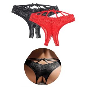 ohyeahlady Culotte Tanga Ouverte &agrave; l'entrejambe Femme Grande Taille String Ficelle Chic Hot Tanga Fendue Dentelle String sans Couture Invisible Coton Lingerie Ouverte Noel sous Vetements M,Noir+Rouge (ohyeahlady, neuf)