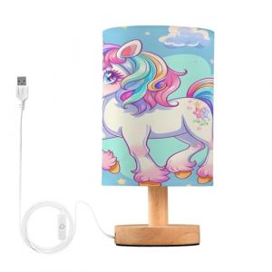 Lampe de chevet minimaliste &ndash; Lampe de chevet licorne mignonne et nuages avec port USB, base en bois, abat-jour rond en tissu de lin, lampe de lecture pour salon, bureau, dortoir (yichangshilingjiangshangmaoyouxiangongsi, neuf)