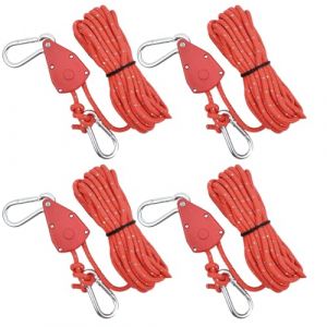 4 PCS Corde de Tente Réfléchissante, 6mm Cordon de Camping avec Poulie, Corde à Cliquet avec Crochet, Corde Nylon Escalade 5M, Tendeur de Corde a Linge Exterieur pour Randonnée, Auvent (Rouge) (Bocxin, neuf)