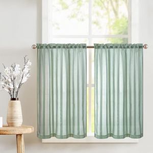 TOPICK Paire de rideaux en voile, occultant et coulissant, avec cordon de serrage, transparent, rideau de bistro, maison de campagne, à rayures, pour cuisine, salle de bain, petite fenêtre, 90 x (Audrey Home Fashion, neuf)