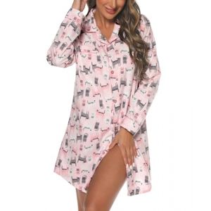 MIA LUCCE Chemise de nuit pour femme, chemises de nuit pour femmes en flanelle, chemise de nuit avec boutons et &agrave; carreaux, chemise de nuit femme longue, Chat rose., L (Mialucce-Fashion, neuf)