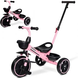 KRIDDO 2-en-1 Tricycle pour Enfants de 18 Mois &agrave; 5 Ans - Poign&eacute;e de pouss&eacute;e Extensible pour Une Conduite sans Effort, Tricycle Cadeau de 3 &agrave; 5 Ans, Tricycle avec Repose-Pieds Avant Pliable, Rose (LFUN DIRECT, neuf)