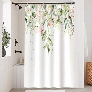 Uiiooazy Rideau Douche Anti Moisissure, Rideau de Douche 120x200cm Vert Clair Feuilles d'eucalyptus Fleuri Rose Rideaux de Baignoire Tissu Lavable Imperméable Rideaux Salle de Bain avec 8 Crochets (dongguibinjingpinxiaodianpu, neuf)