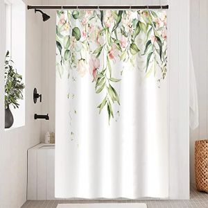 Uiiooazy Rideau Douche Fleuri Rose, Rideau de Douche Feuilles d'eucalyptus Vert Petit Rideau de Baignoire Anti Moisissure Imperméable Tissu Polyester Lavable Rideau de Bain avec 8 Crochets 120x200cm (dongguibinjingpinxiaodianpu, neuf)