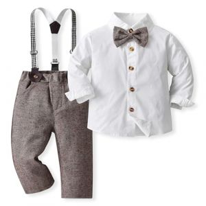 Volunboy Bebe Garçon Costume Gentleman, Noeud Papillon Chemise Carreaux + Pantalon 4 Pièces(5-6 ans,BlancKaki,Taille 130) (Volunboy, neuf)