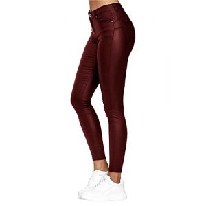 Onsoyours Pantalon en Cuir pour Femmes Sexy Slim Skinny Stretch Slim Leggings Taille Haute Elastique PU Cuir Pantalon Vin Rouge M (Zeigood Mode, neuf)