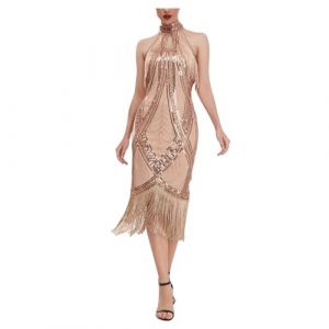 KBOPLEMQ Costume Charleston pour femme - Robe vintage des années 1920 - Gatsby - Paillettes - Ourlet à pompons - Robe de cocktail - Robe de bal - Robe de soirée - Cocktail - Costume de fête, W beige., (VISNA, neuf)