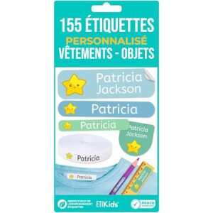 155 étiquettes personnalisées pour vêtements et fournitures scolaires – 100 étiquettes en tissu thermocollantes écologiques + 55 autocollants imperméables (Haberdashery Online, neuf)