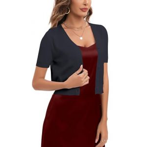 Boléro Femme Cardigan Court Gilet Veste Tricot Bouton Manches Courtes pour Robe T Shirt Bretelle Chic Elégante Soirée Fête Décontracté,Bleu Marine*Court,M (Enjyam, neuf)
