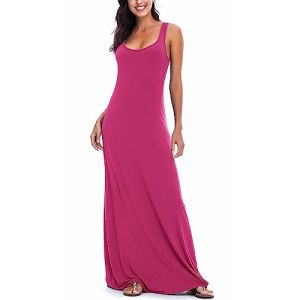 EXCHIC Femmes Casual Solide sans Manches Maxi Robe Longue D'&eacute;t&eacute; Sexy Plage D&eacute;bardeur Robe (M, Rose Rouge) (EEVASS, neuf)