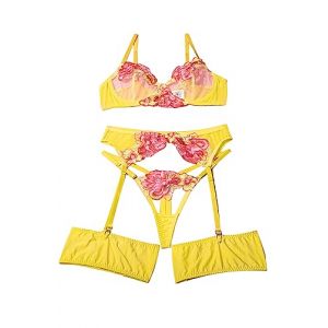 Aranmei Ensemble de Lingerie 4 pi&egrave;ces pour Femme avec Dentelle Florale brod&eacute;e et Soutien-Gorge &agrave; Armatures avec String et Porte-Jarretelles, Jaune, XL (Aranmei Direct, neuf)