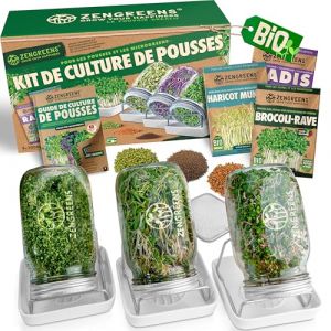 zengreens&reg; Kit de germoir pour graines &agrave; germer Bio &ndash; Lot de 3 bocaux &agrave; pousses &ndash; Comprend Bocal &agrave; germes, Plateau de Germination et semences &ndash; Contient Guide et vid&eacute;o-Cours de Culture (SLSK Ventures GmbH (FR), neuf)