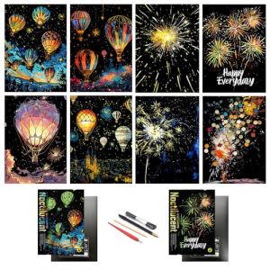 SiYear Papier à gratter arc-en-ciel, scène de nuit de la ville, cadeau créatif, tableau à gratter pour adultes et enfants avec 4 outils (montgolfière + feux d'artifice) (charhoo, neuf)
