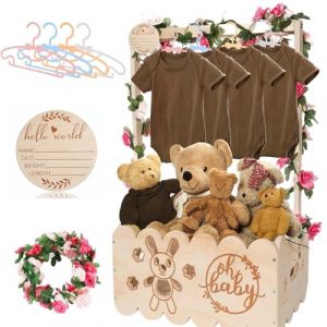 Panier Cadeau en Bois pour B&eacute;b&eacute; avec Poign&eacute;e, Panier de Rangement pour B&eacute;b&eacute;, Coffre de Naissance, Armoire avec Cintres pour Enfants et Guirlande, Panier Personnalis&eacute; pour les Futurs Parents (CHANGTAIXIN, neuf)