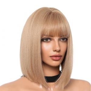Perruque coupe carrée droite - Perruque courte pour femme - Perruque courte et droite - Frange synthétique naturelle résistante à la chaleur - Perruque courte avec dentelle pour femme (yuanfe, neuf)