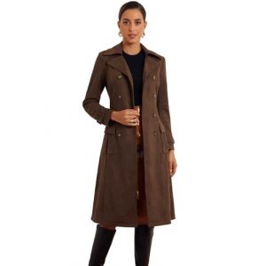 Allegra K Trench Coat Femme en Faux Su&egrave;de &agrave; Revers Crant&eacute; Blouson Long &agrave; Double Boutonnage avec Ceinture Manteau Faux Cuir &agrave; Manches Longues Caf&eacute; noir S (Allegra K FASHION, neuf)