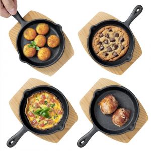Navaris Po&ecirc;le Fonte Naturelle - 4X Mini Po&ecirc;le &agrave; Frire Antiadh&eacute;sive &Oslash; 15,3 cm avec Support en Bois - Petit Po&ecirc;le Oeuf Pancake Four BBQ Induction (SX-Commerce, neuf)