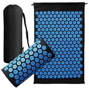 Generise Tapis d'acupression et oreiller pour homme et femme – Soulagement des douleurs dorsales, cervicales et musculaires – Comprend un sac de voyage avec sangle réglable (noir avec pointes bleues) (GLOBAL COSMETICS, neuf)