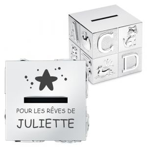 Maverton Tirelire Personnalisée en Forme de Cube - Tirelire pour Enfants avec Animaux et Lettres - Boite d'épargne Argentée avec Gravure - Cadeau d’Anniversaire pour Filles Garçons Bébé - pour Fille (MAVERTON, neuf)