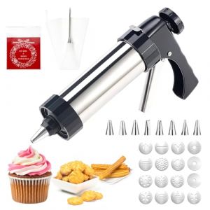 Machine a Churros,Appareil a Churros, Presse a Biscuits Inox,Presse à Churro Pistolet à Pâtisserie avec 16 Gabarits,8 Douilles,Poche et Brosse,Seringue Patisserie pour Gâteaux Gâteaux Dessert (Roselee Direct, neuf)