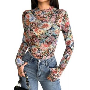 Zeagoo Femme Hauts Transparents T-Shirt en Maille &agrave; Manches Longues Top Sexy Blouse Y2K Sheer Mesh &agrave; col Montant Chemisier Tulle Tenue pour Soir&eacute;e Clubwear Fleur Noire 1 L (Zeagoo direct, neuf)
