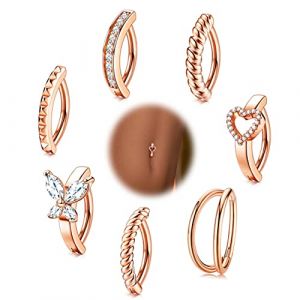 Kakonia 7pcs Anneau De Nombril Acier Chirurgical 14G Clicker Femmes Anneau De Nombril Cz Coeur Papillon Nombril Piercing Simple Inverse Anneau De Barbell Nombril Corps Piercing Bijoux (Kakonia, neuf)