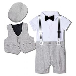 mintgreen Costume Mariage BeBe Garcon, Baptême Combinaison Vetement Manches Courtes avec Chapeau Bérets, Gris, 6-9 mois (A&J DESIGN, neuf)