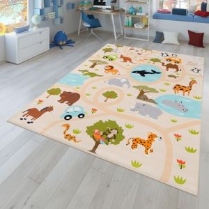 TT Home Tapis De Jeu Chambre Enfant Garcon Fille Voitures Motif Animal Antidérapant, Couleur:Vert Jaune Crème, Dimension:80x150 cm (marche-de-tapis, neuf)