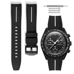 HORACE Bracelet de montre caoutchouc universel à dégagement rapide compatible avec Omega x Swatch MoonSwatch 20mm (Noir - Ligne blanche - Noir) (LCGlobal, neuf)